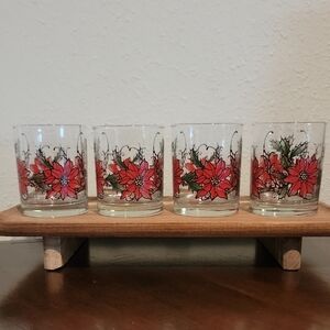Vintage Libbey Poinsettia Red And Green Lowball Glasses Set Of 4